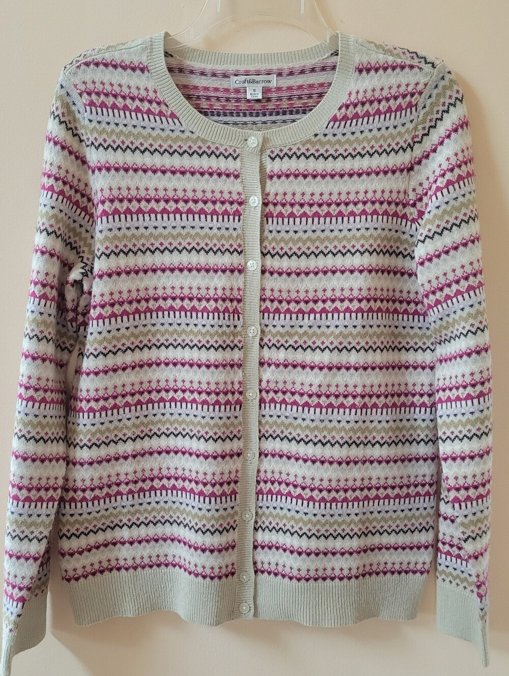 Croft & Barrow Pink And White Nordic Pattern Cardigan